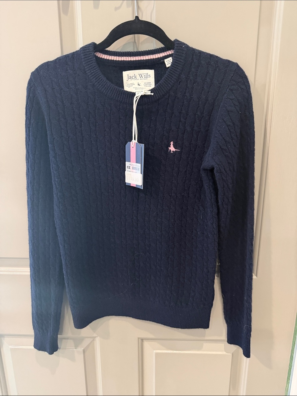 Jack Wills Navy Cable-Knit Sweater with Pink Logo Accent